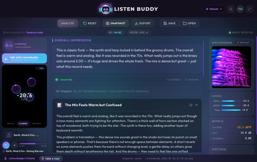 Listen Buddy plugin — analysis view (Velvet theme, funk track)